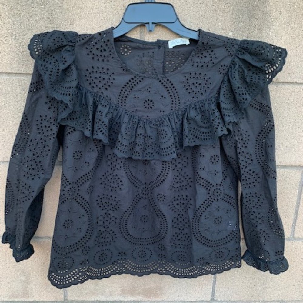 LoveShacFancy Eyelet Ruffle Top in Black - Size Large